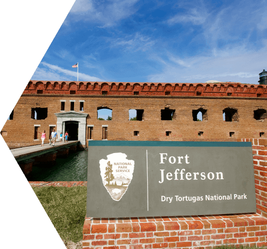 Pentagon shaped frame in which we see the entrance to Ft. jefferson in the Dry Tortugas