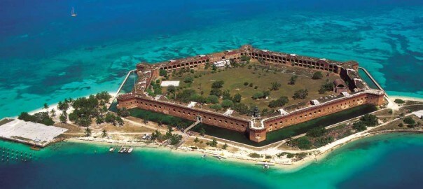 Aerial view of the hexoganal Ft. Jefferson surrounded by the azure waters of the Dry Tortugas