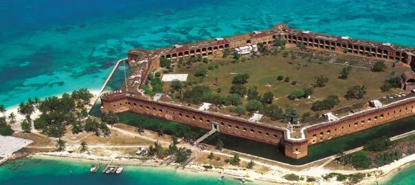 Aerial view of the hexoganal Ft. Jefferson surrounded by the azure waters of the Dry Tortugas