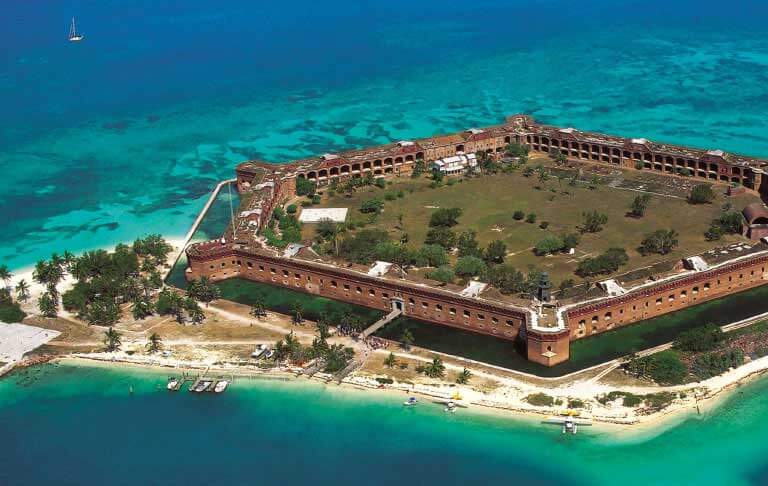 Aerial view of the hexoganal Ft. Jefferson surrounded by the azure waters of the Dry Tortugas