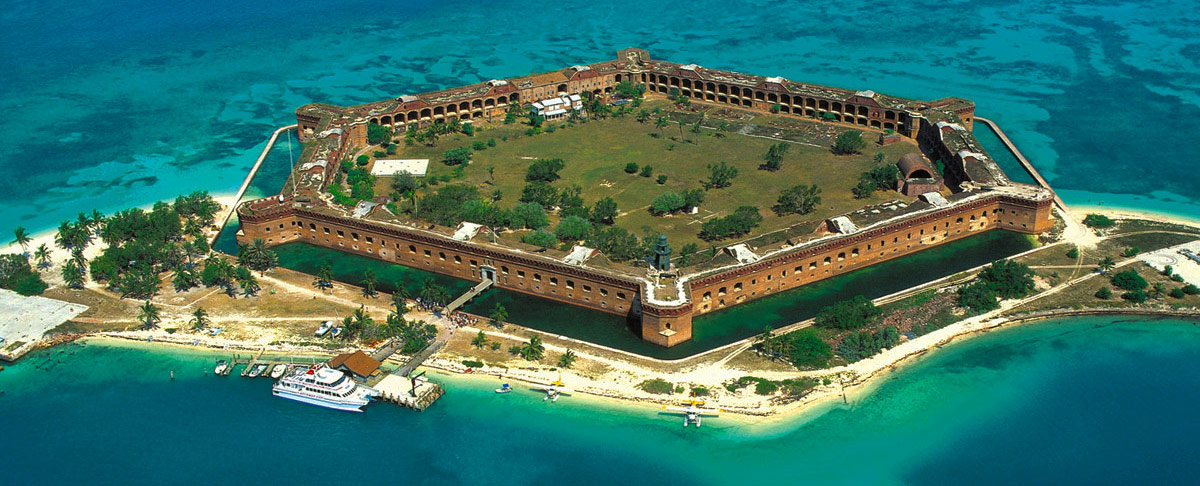 Aerial view of the hexoganal Ft. Jefferson surrounded by the azure waters of the Dry Tortugas