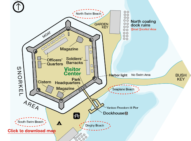 Section of a map of the Dry Tortugas National Park that identifies the docks, beaches and all within Ft. Jefferson