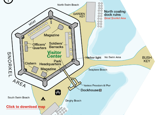 Section of a map of the Dry Tortugas National Park that identifies the visitor center within Ft. Jefferson