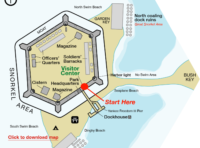 Section of a map of the Dry Tortugas National Park that identifies the docks, beaches and all within Ft. Jefferson