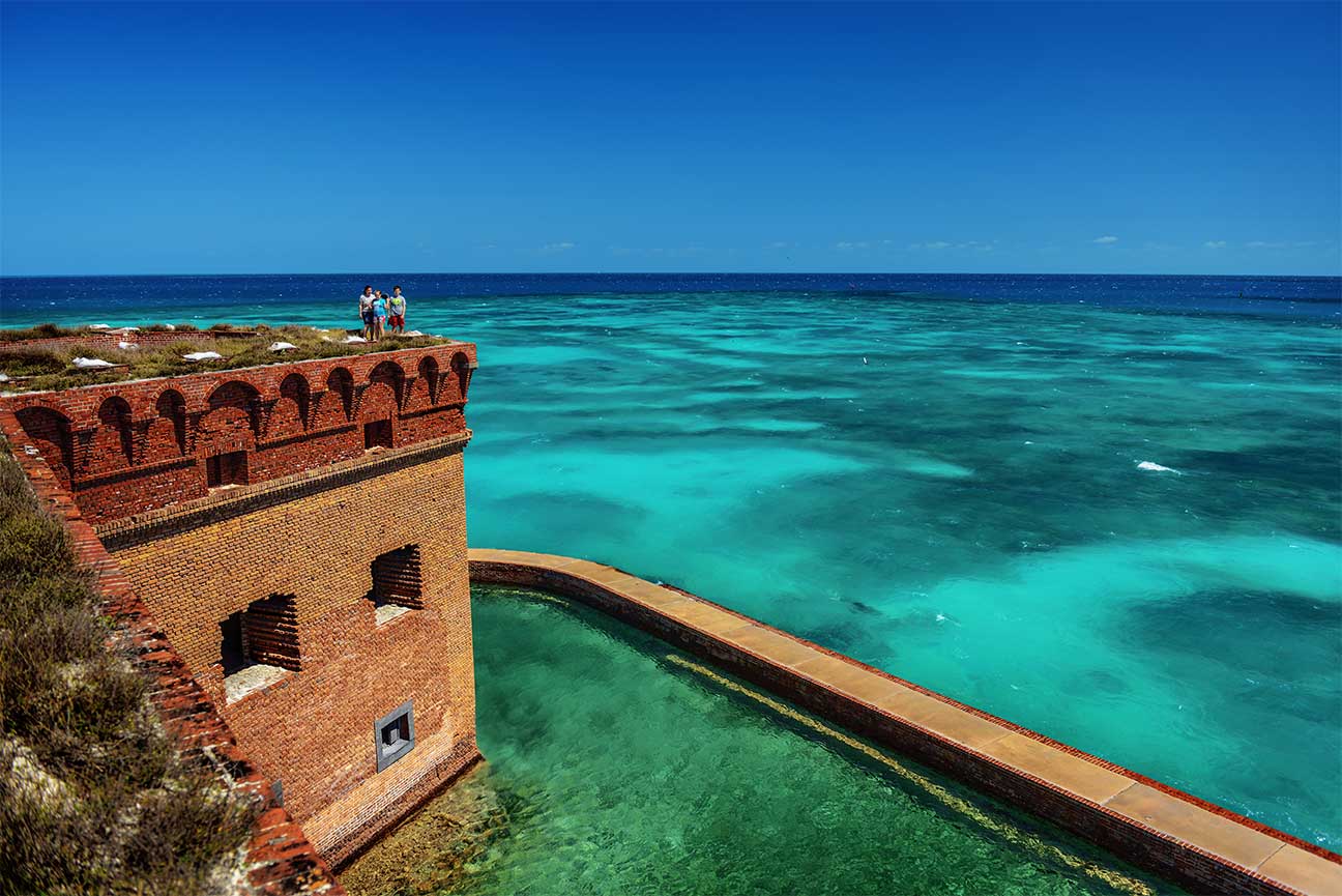aerial view of a portion of Fort Jefferson, moat and ocean at Dry Tortugas National Park